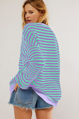Comforts of Fall Striped Sweatshirt - Purple and Mint