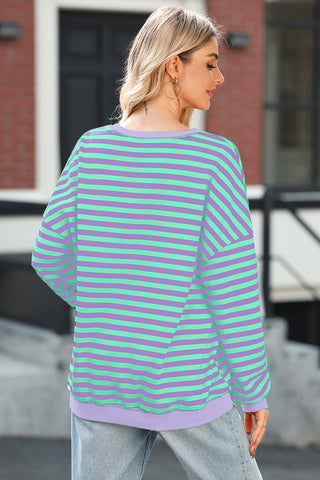 Comforts of Fall Striped Sweatshirt - Purple and Mint
