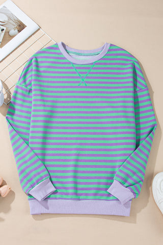 Comforts of Fall Striped Sweatshirt - Purple and Mint