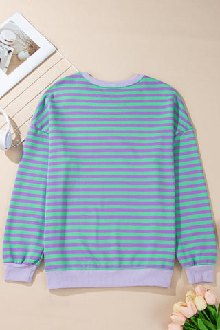 Comforts of Fall Striped Sweatshirt - Purple and Mint