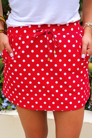Drawstring Polka Dot Skort - Red
