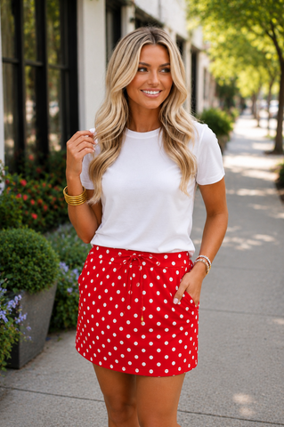 Drawstring Polka Dot Skort - Red