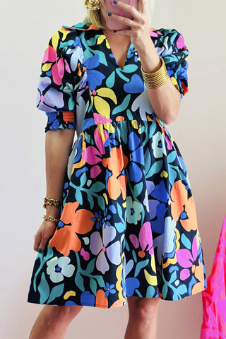 Retro Print Puff Sleeve Dress