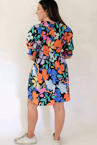 Retro Print Puff Sleeve Dress