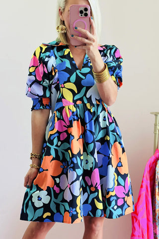 Retro Print Puff Sleeve Dress