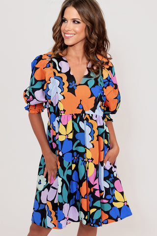 Retro Print Puff Sleeve Dress