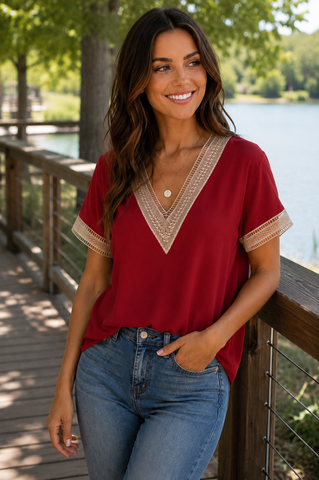 Crochet V-Neck Top - Red