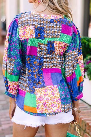 Boho Patchwork Blue Blouse