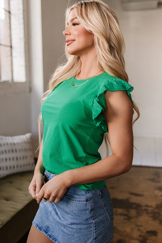Eyelet Ruffle Sleeve Top - Irish Green