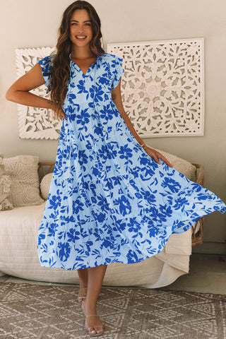 Santorini Sunsets Midi Dress - Blue Floral