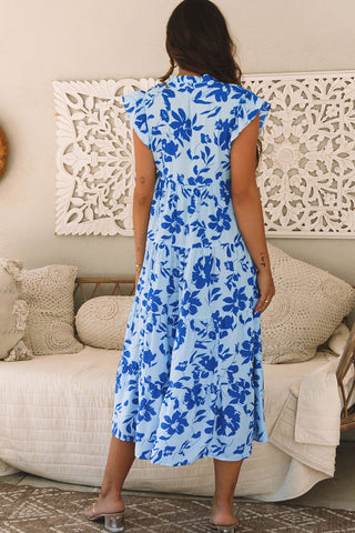 Santorini Sunsets Midi Dress - Blue Floral