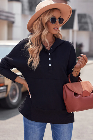 Henley Style Fall Hoodie - Black