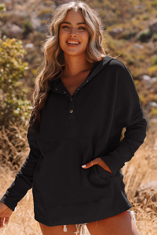 Henley Style Fall Hoodie - Black