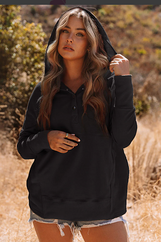 Henley Style Fall Hoodie - Black