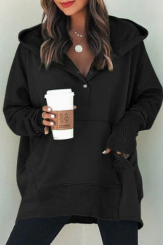 Henley Style Fall Hoodie - Black