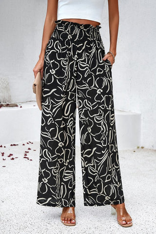 Abstract Wide Leg Pants - Black