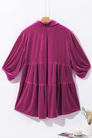 Velour Babydoll Button Up Top - Magenta