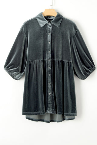 Velour Babydoll Button Up Top - Gray