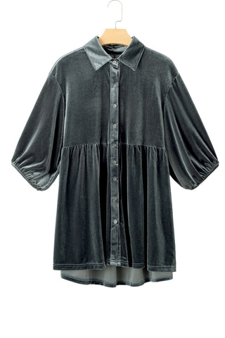 Velour Babydoll Button Up Top - Gray