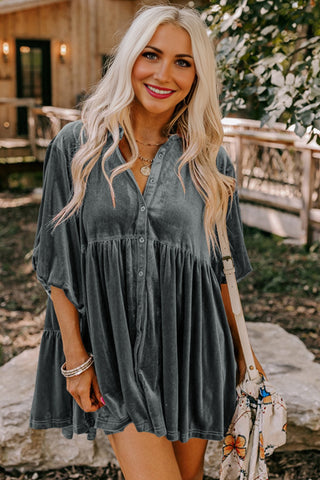 Velour Babydoll Button Up Top - Gray