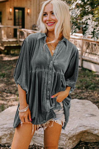 Velour Babydoll Button Up Top - Gray