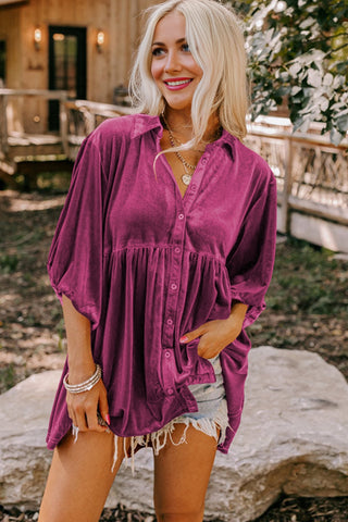 Velour Babydoll Button Up Top - Magenta