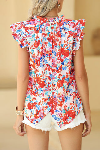 Pleated Floral Sleeveless Top - Red