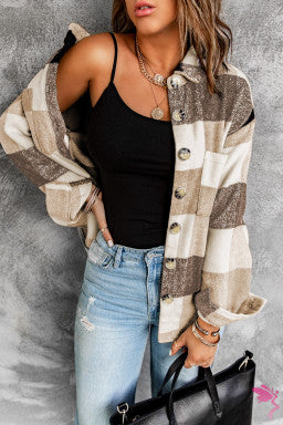 Thick Flannel Buffalo Plaid Shacket with Pockets - Brown
