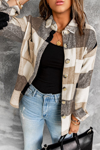 Thick Flannel Buffalo Plaid Shacket with Pockets - Brown