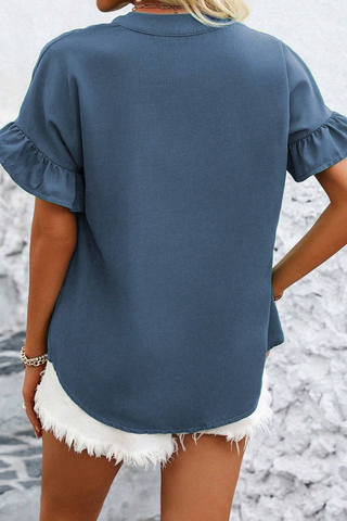 Ruffle Sleeve Button Up Top - Blue