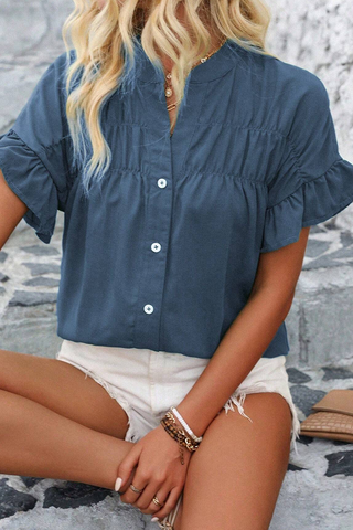 Ruffle Sleeve Button Up Top - Blue