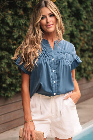Ruffle Sleeve Button Up Top - Blue