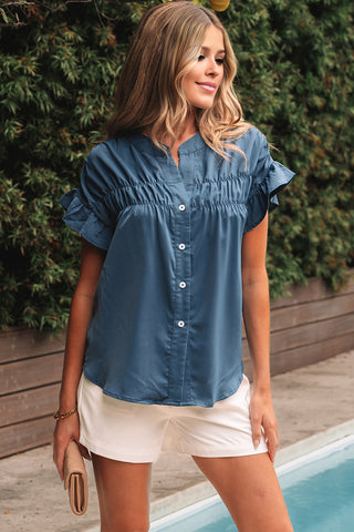Ruffle Sleeve Button Up Top - Blue