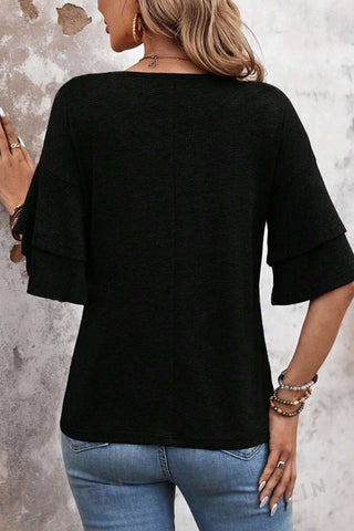 Tulip Sleeve Solid V-Neck - Black