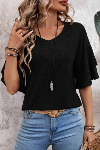 Tulip Sleeve Solid V-Neck - Black