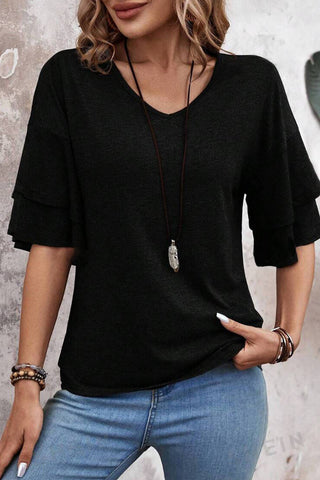 Tulip Sleeve Solid V-Neck - Black