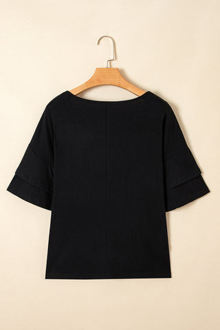 Tulip Sleeve Solid V-Neck - Black