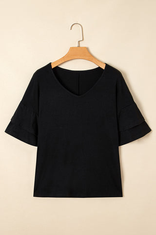 Tulip Sleeve Solid V-Neck - Black