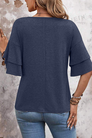 Tulip Sleeve Solid V-Neck - Navy