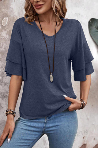 Tulip Sleeve Solid V-Neck - Navy