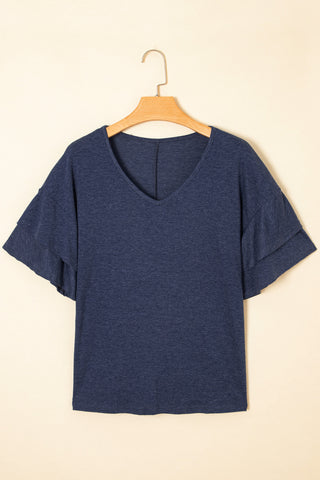 Tulip Sleeve Solid V-Neck - Navy