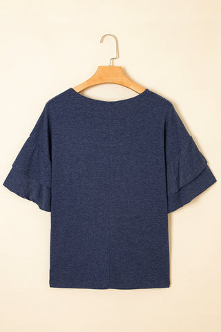 Tulip Sleeve Solid V-Neck - Navy