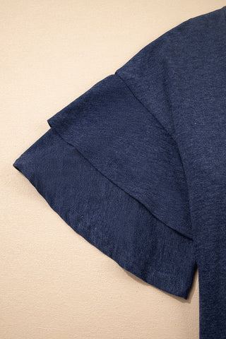 Tulip Sleeve Solid V-Neck - Navy