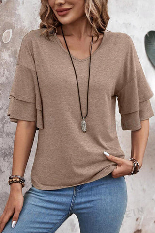 Tulip Sleeve Solid V-Neck - Taupe