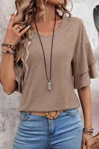 Tulip Sleeve Solid V-Neck - Taupe