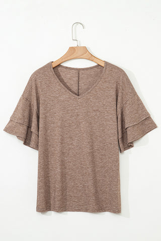 Tulip Sleeve Solid V-Neck - Taupe