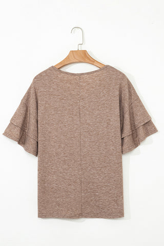 Tulip Sleeve Solid V-Neck - Taupe