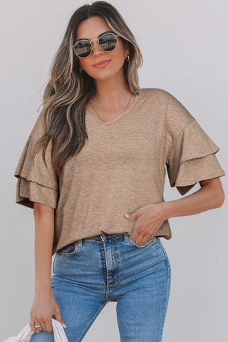 Tulip Sleeve Solid V-Neck - Taupe