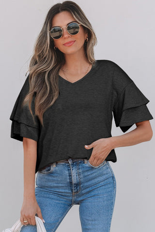 Tulip Sleeve Solid V-Neck - Black