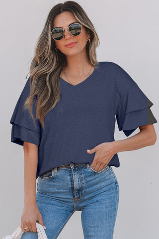Tulip Sleeve Solid V-Neck - Navy